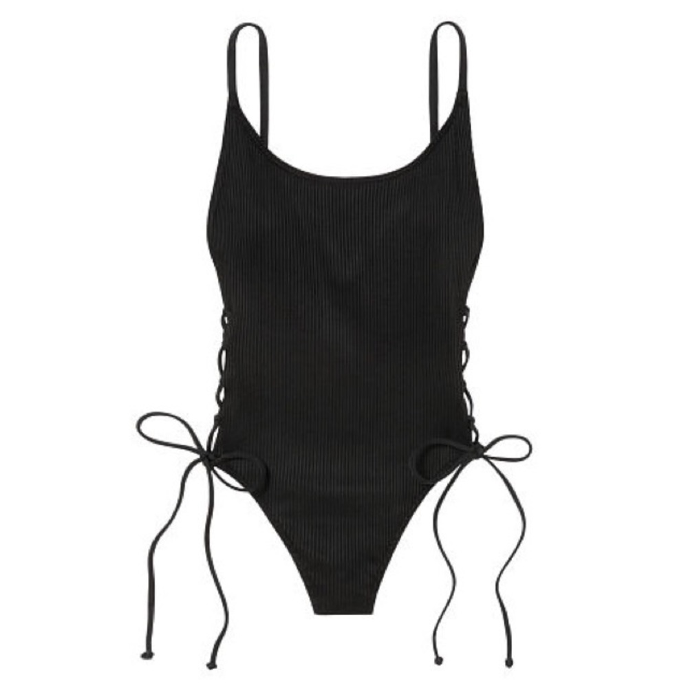 PINK Ribbed Lace-Up One-Piece Monokini Bodysuit